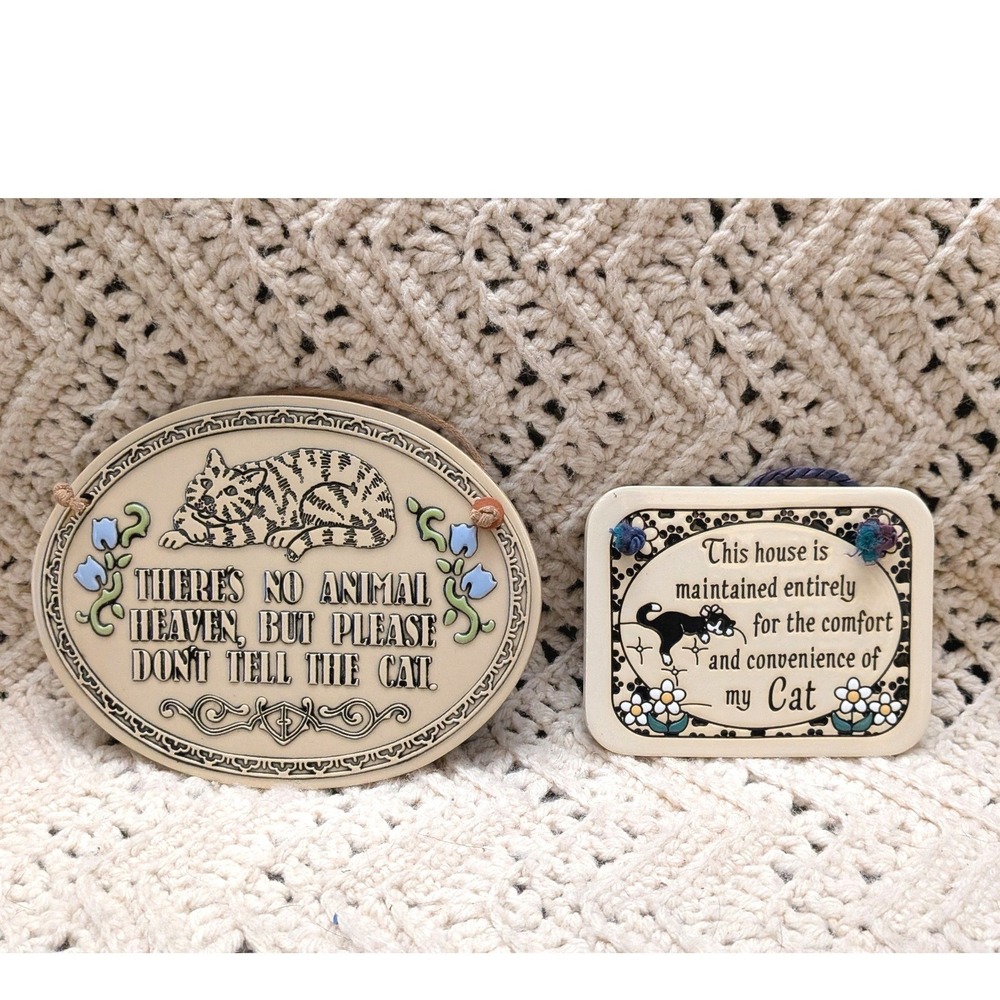 Vintage Ceramic Cat Lover Wall Plaque Set Funny Quotes Home Decor 2 Piece